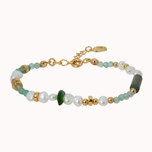 Green Pine Beaded Bracelet with Sterling Silver/Natural Pearl/Dongling Jade/Moss Agate