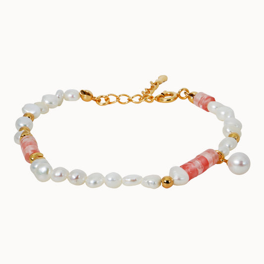 Pink Peach Beaded Bracelet with Sterling Silver/Natural Pearl/Strawberry Quartz